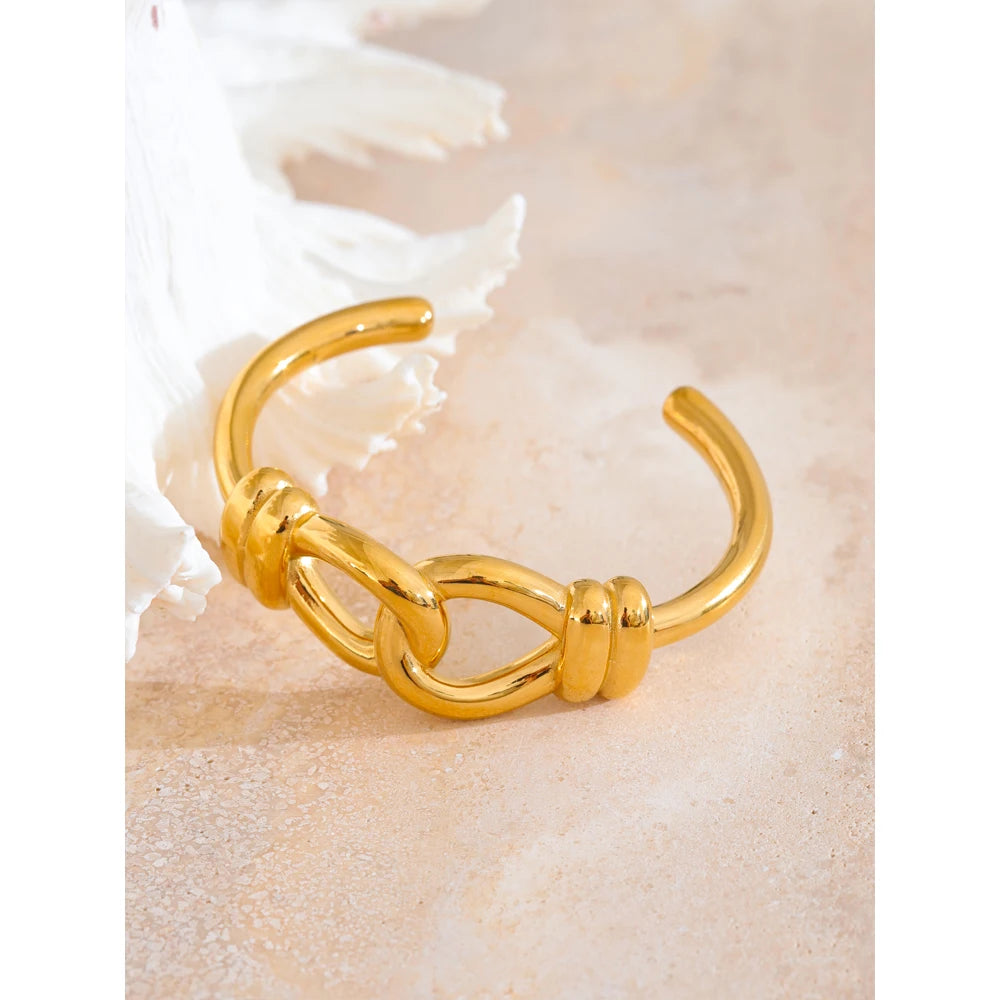 Yhpup declaração de aço inoxidável pesado metal nó manguito aberto pulseira dourada 18k cor ouro mancha resistente jóias