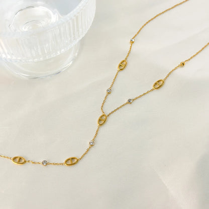 Keen on Colar Y Corrente Não Desvanecendo Francês Requintado Feminino Clavícula Corrente Porco Nariz Borla Titânio Aço Francês Clássico