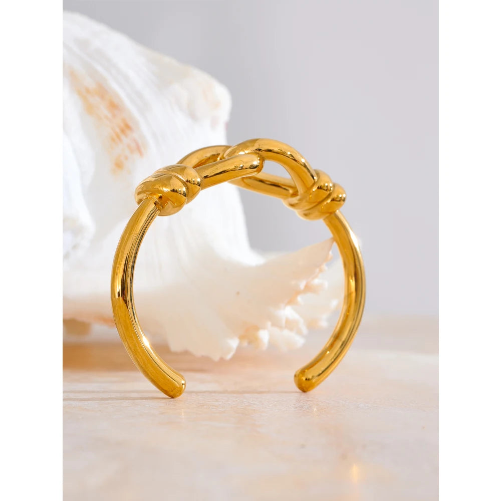 Yhpup declaração de aço inoxidável pesado metal nó manguito aberto pulseira dourada 18k cor ouro mancha resistente jóias